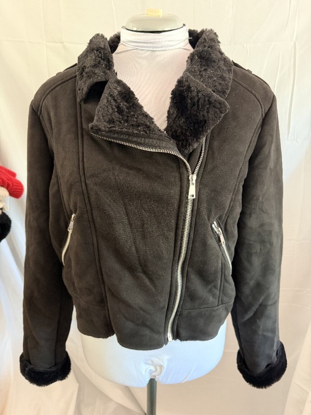 Black Label biker-style moto jacket Suede like faux fur lined